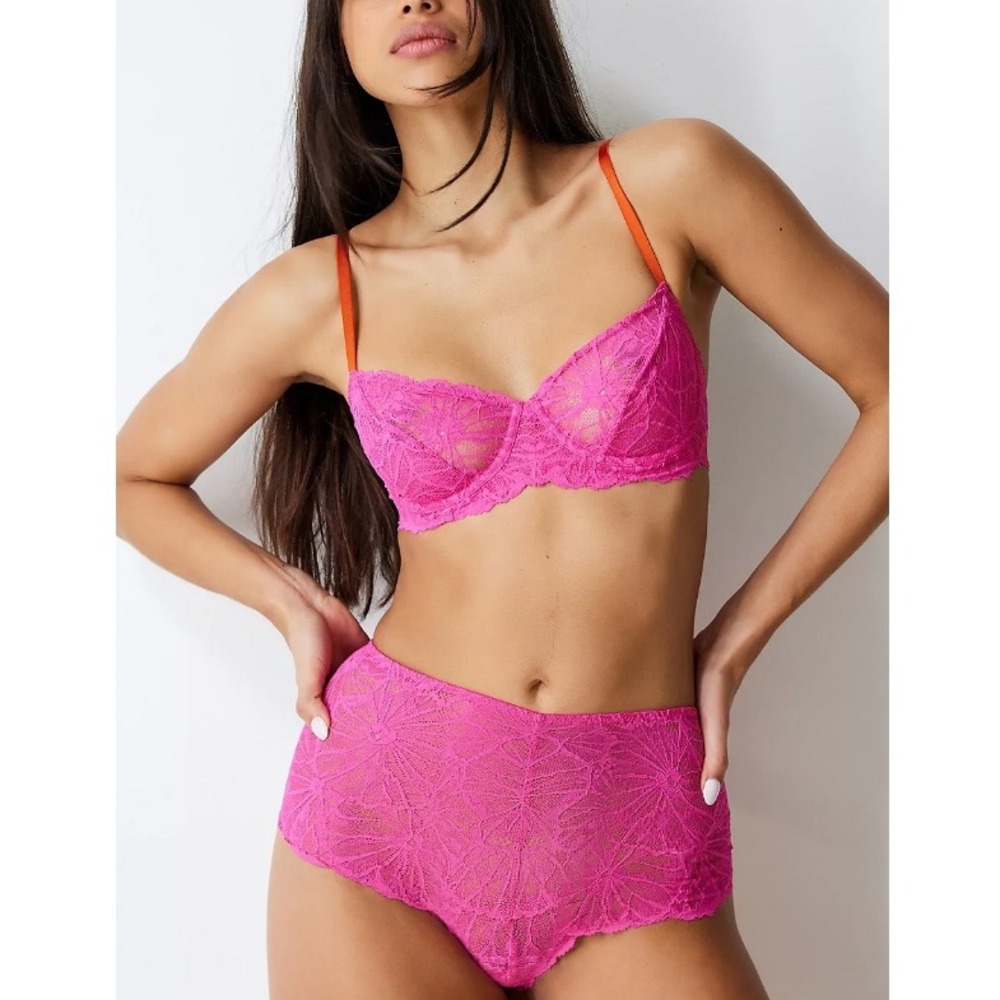 Dora Larsen Women's Bright Pink Floral Lace High Waisted Panties Size‎ 10 NWT